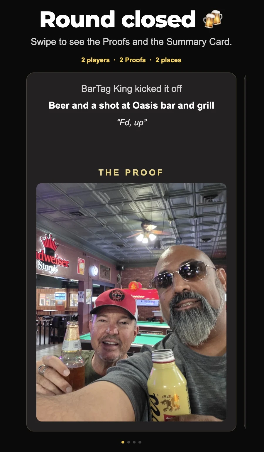 BarTag web app showing a closed Round with two players and two Proofs, featuring a photo of friends at Oasis bar and grill