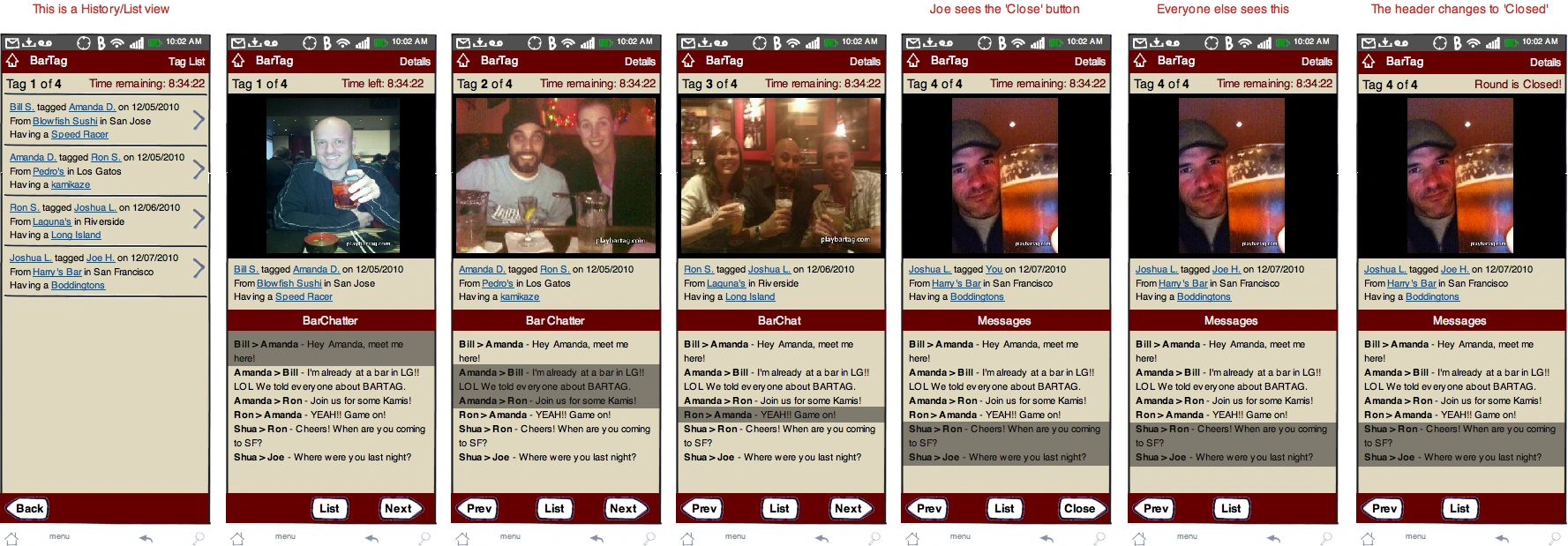 Original BarTag Android app screen flow showing Tag history, participant photos, messages, and open and closed Round states