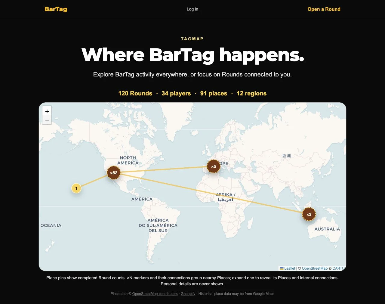 BarTag’s world map showing completed activity across North America, Europe, Hawaii, and Bali, with grouped place markers and connecting lines