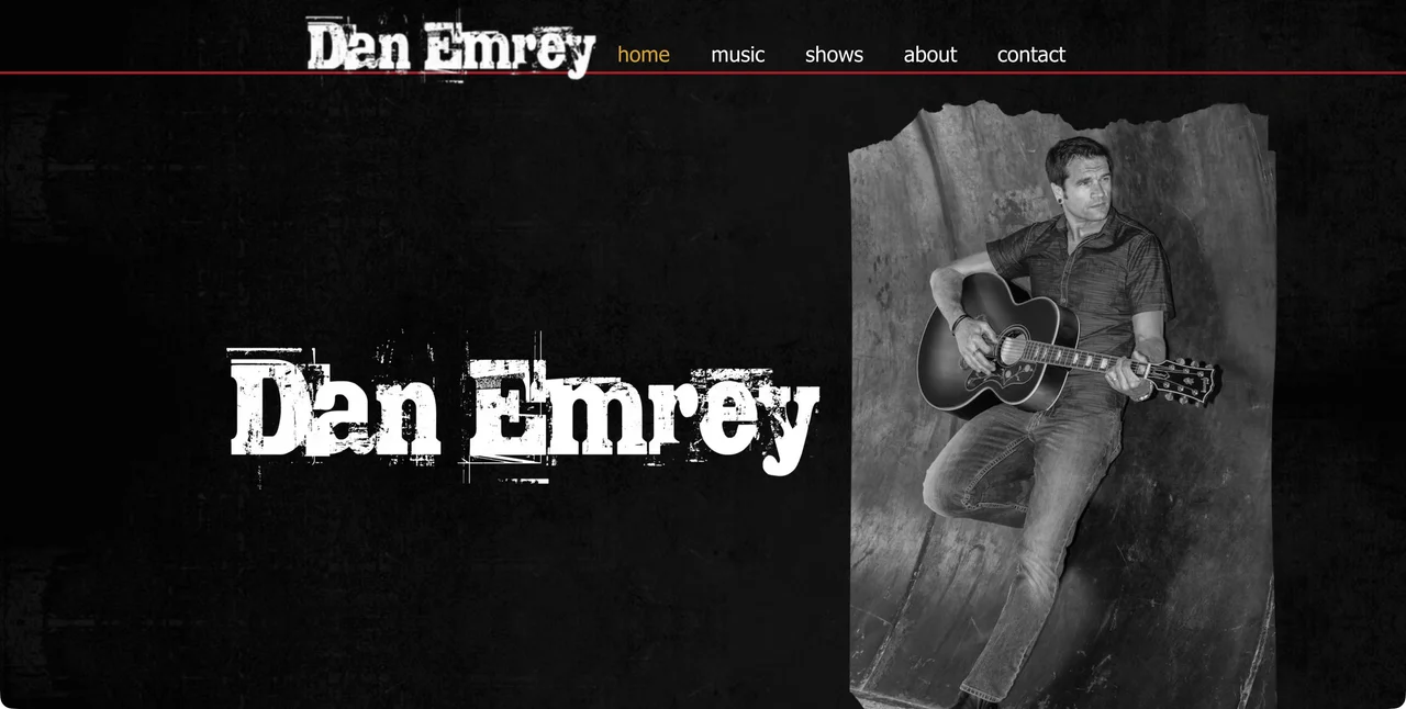 Original Dan Emrey homepage with a large repeated logo and guitar portrait filling the opening screen