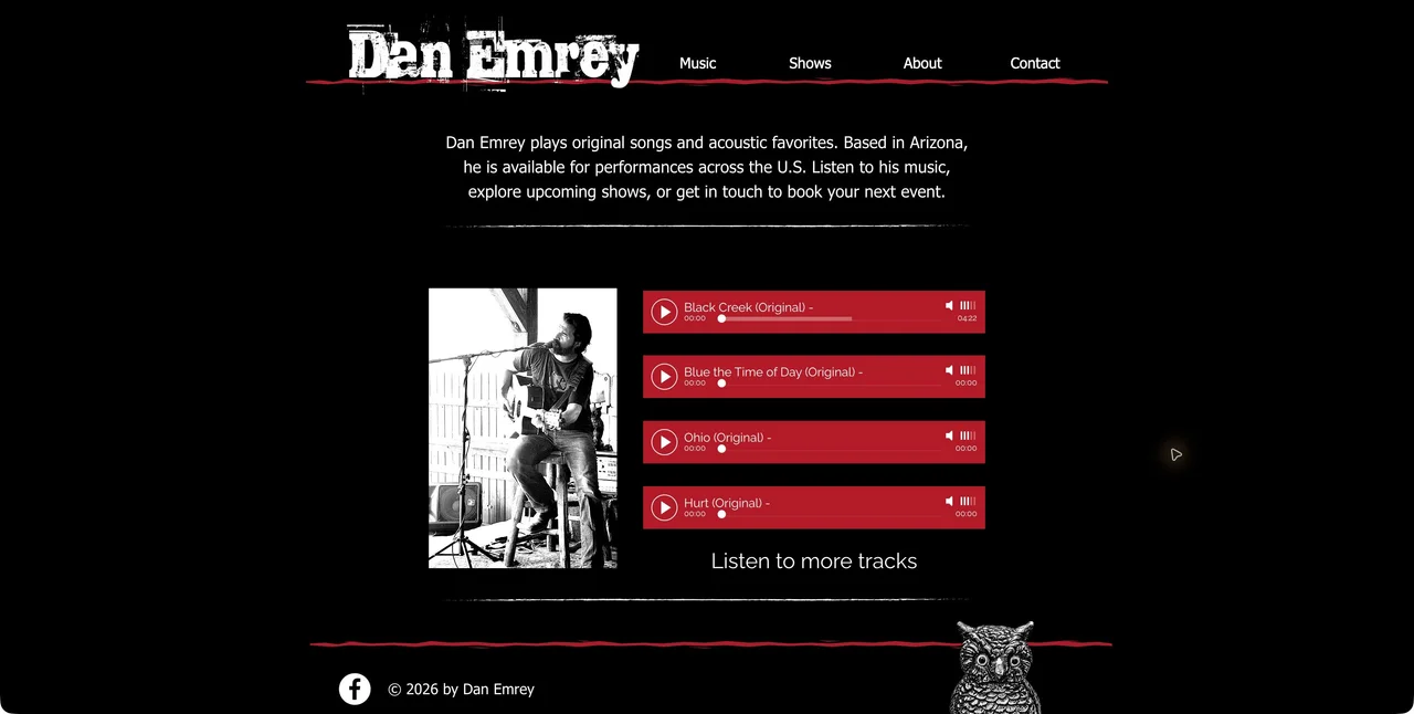 Refreshed Dan Emrey homepage with a compact introduction, black-and-white performance photo, four red music players, and an owl at the footer
