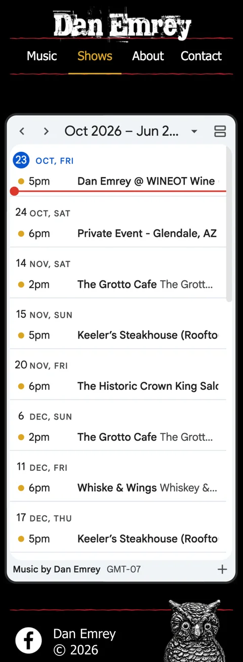 Current mobile Shows page with visible navigation, an upcoming-event list, the November 20 show starting at 6 p.m., and a GMT minus seven label