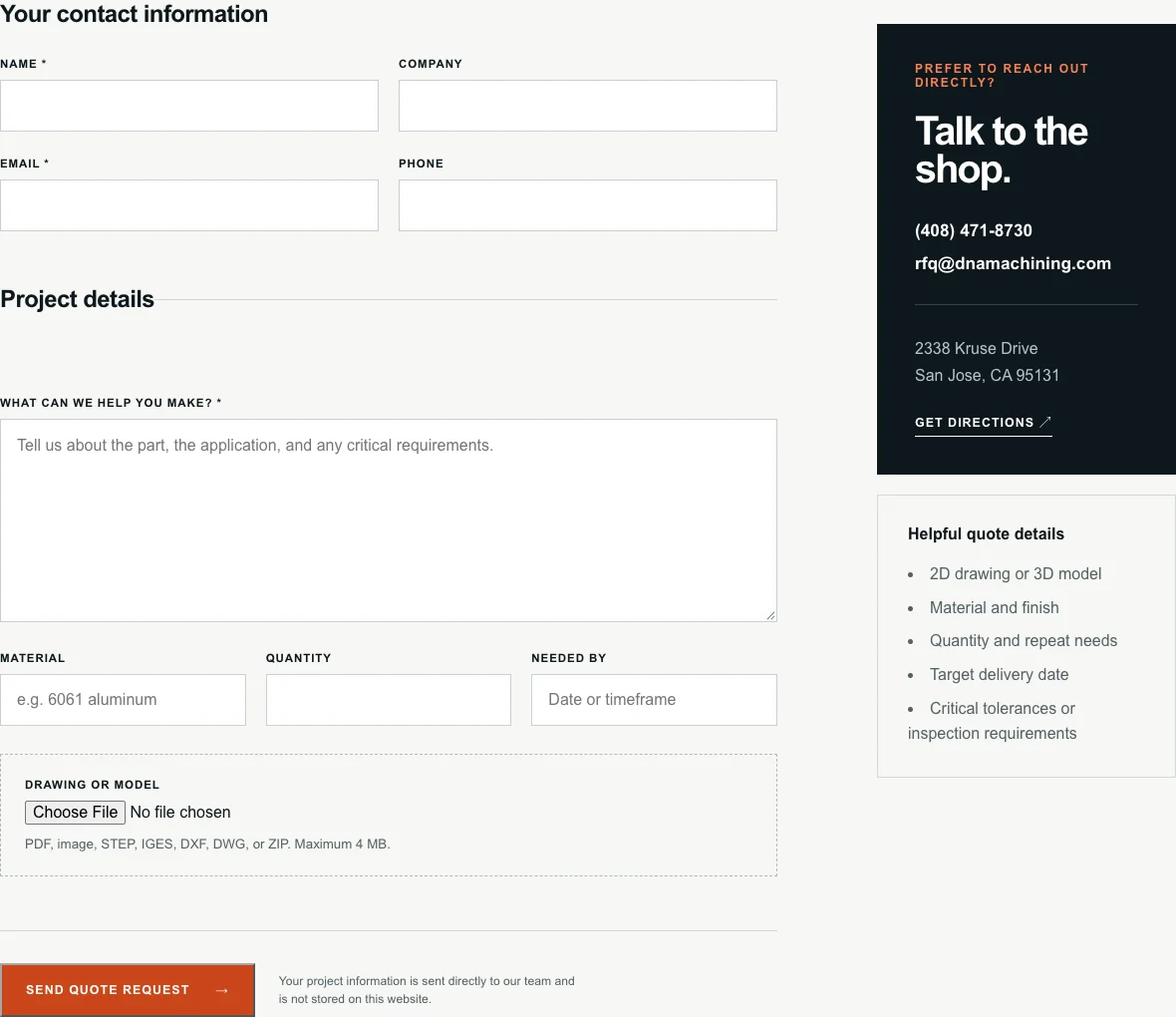 D&A quote page showing project fields and direct contact details for the shop