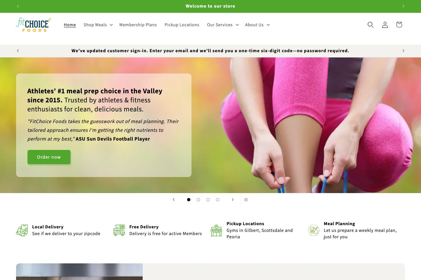FitChoice Foods Shopify homepage with meal ordering, membership delivery benefits, and pickup locations