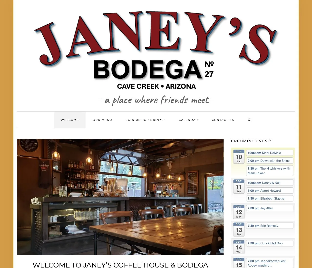 Original Janey’s WordPress homepage with its large logo, venue photograph, and upcoming-events sidebar