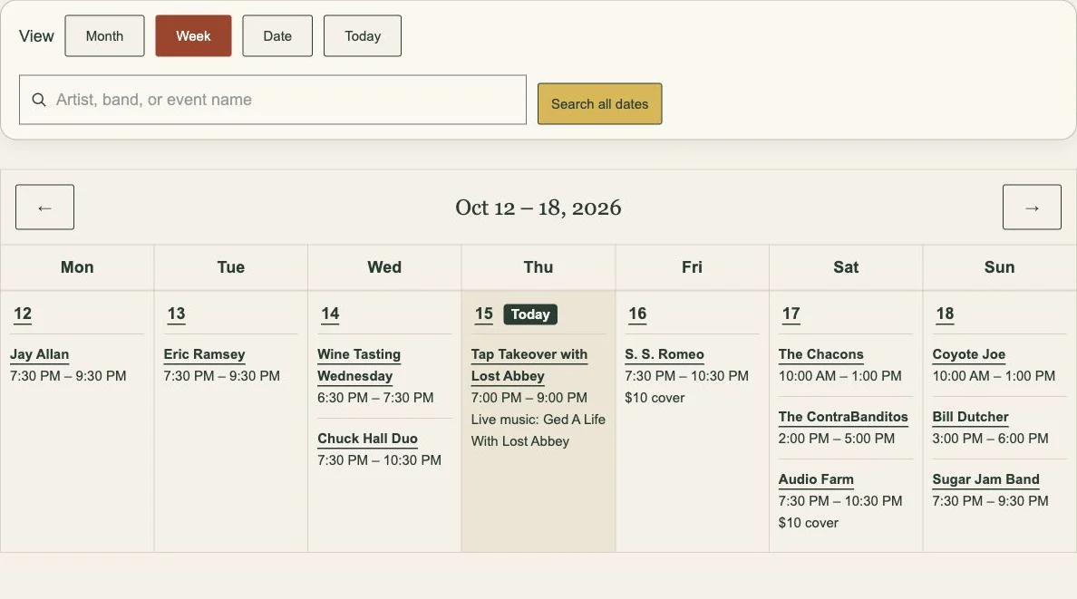Janey’s live calendar with weekly music listings and event details