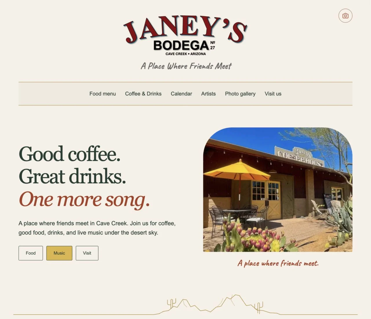 Janey’s new homepage with its Bodega wordmark, warm desert colors, and a photograph of the coffee house entrance