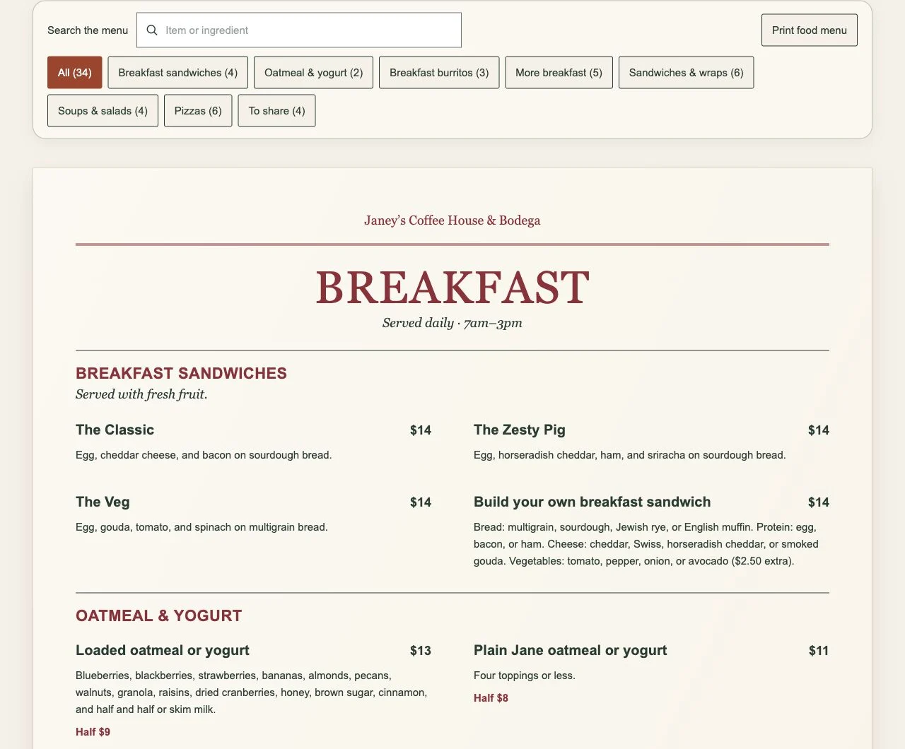 Janey’s food menu with a search field, category filters, print control, and structured breakfast items and prices