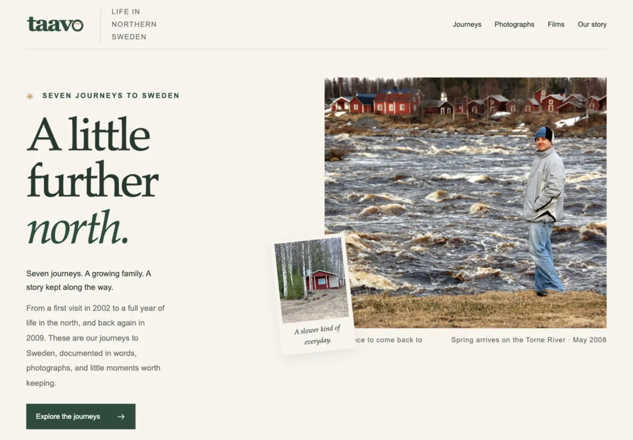 Taavo homepage with forest-green typography, family photography beside the Torne River, and an invitation to explore seven journeys