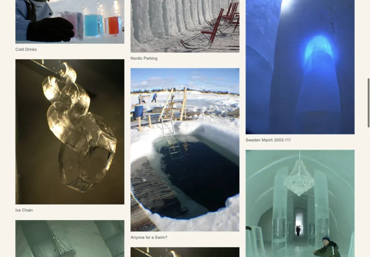 Recovered Ice Hotel photographs arranged in the Taavo journal gallery with their captions