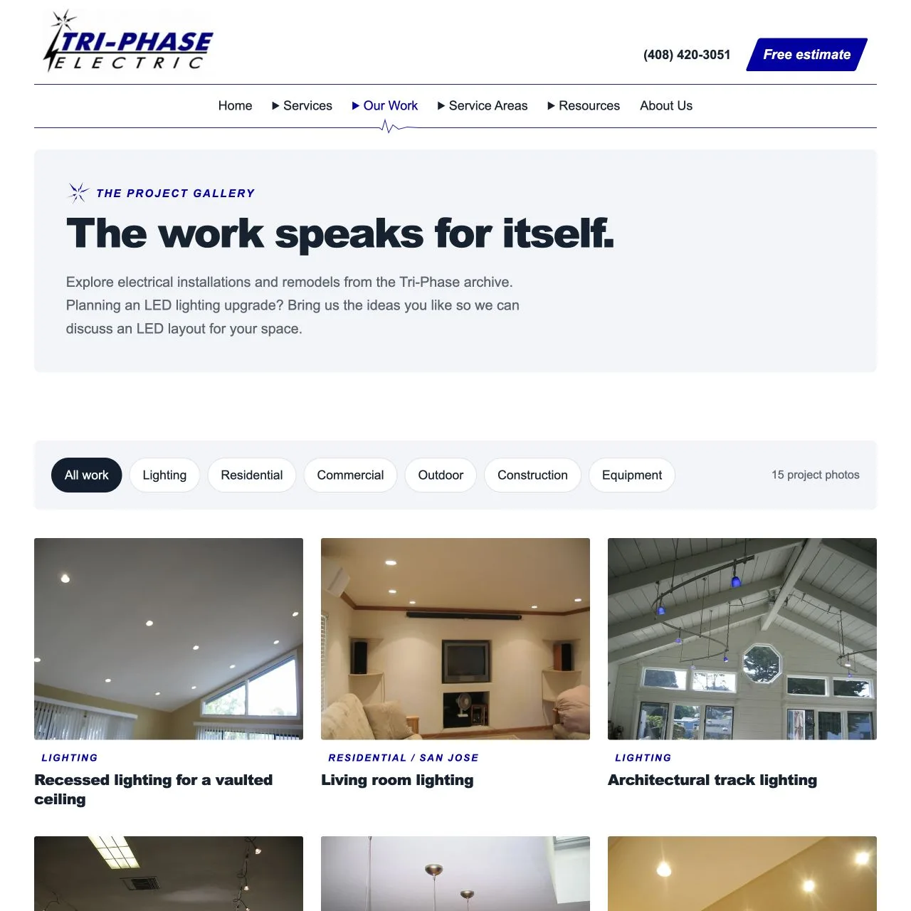 New Tri-Phase project gallery with category filters and photographs of lighting and electrical installations