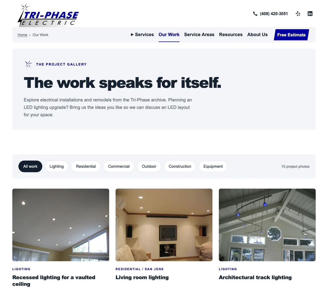 New Tri-Phase project gallery with category filters and photographs of lighting and electrical installations