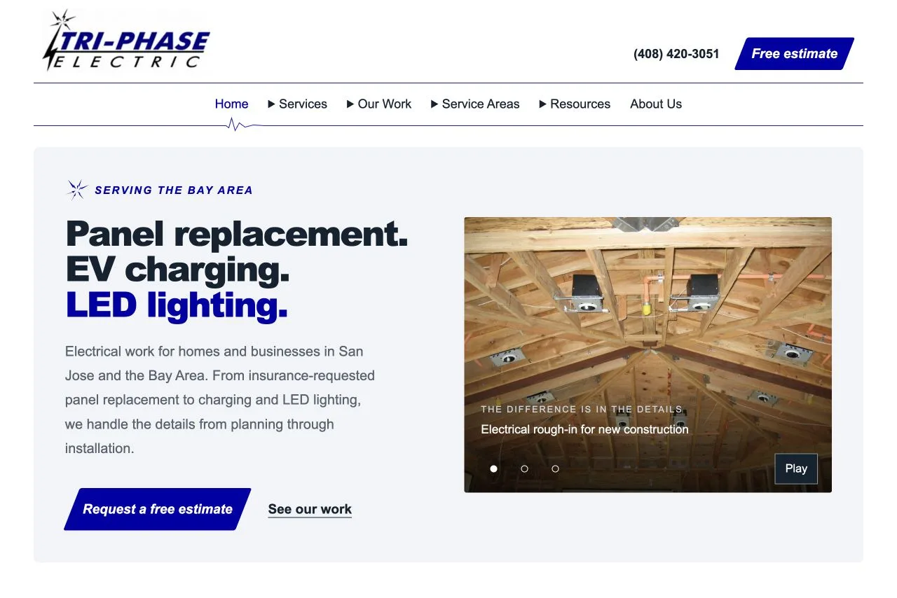 New Tri-Phase Electric homepage featuring panel replacement, EV charging, LED lighting, and a real construction wiring photograph