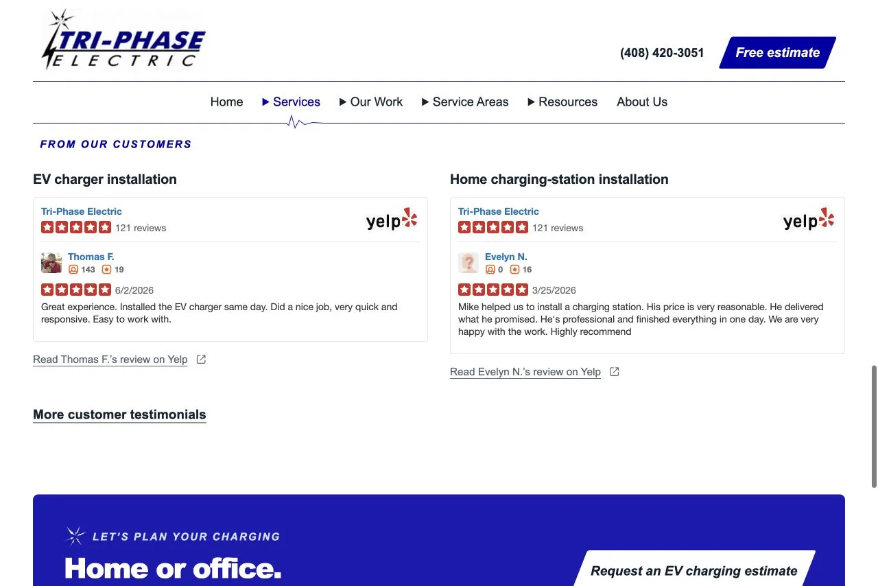 Tri-Phase EV charging page showing two official Yelp review embeds and a link to more customer testimonials